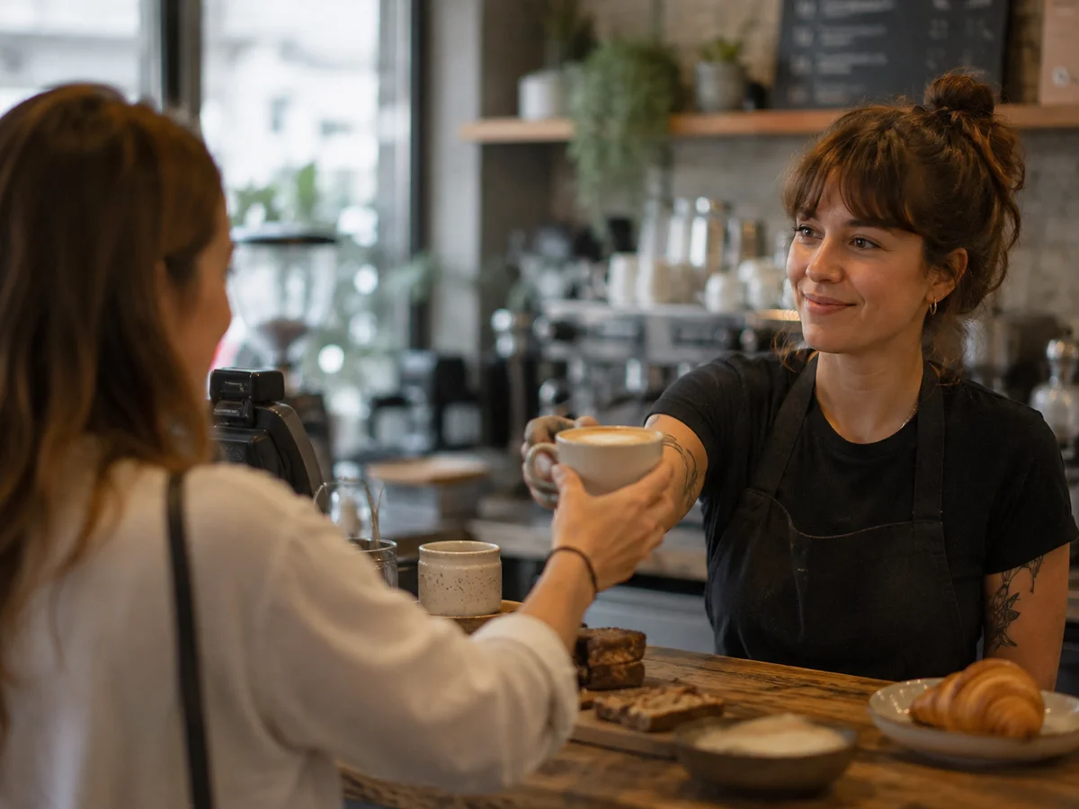 Barista handing a coffee across the counter to a customer in a small independent cafe