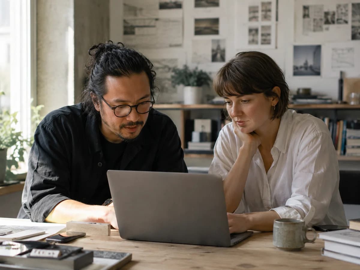 Two people reviewing work together on a laptop in a small design studio