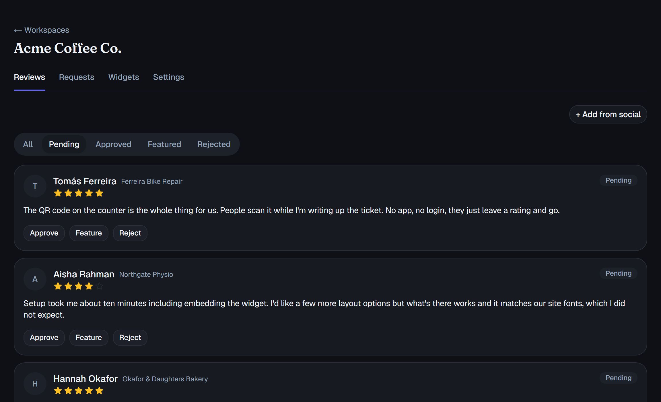 Testihub moderation queue showing two pending testimonials with Approve, Feature, and Reject actions