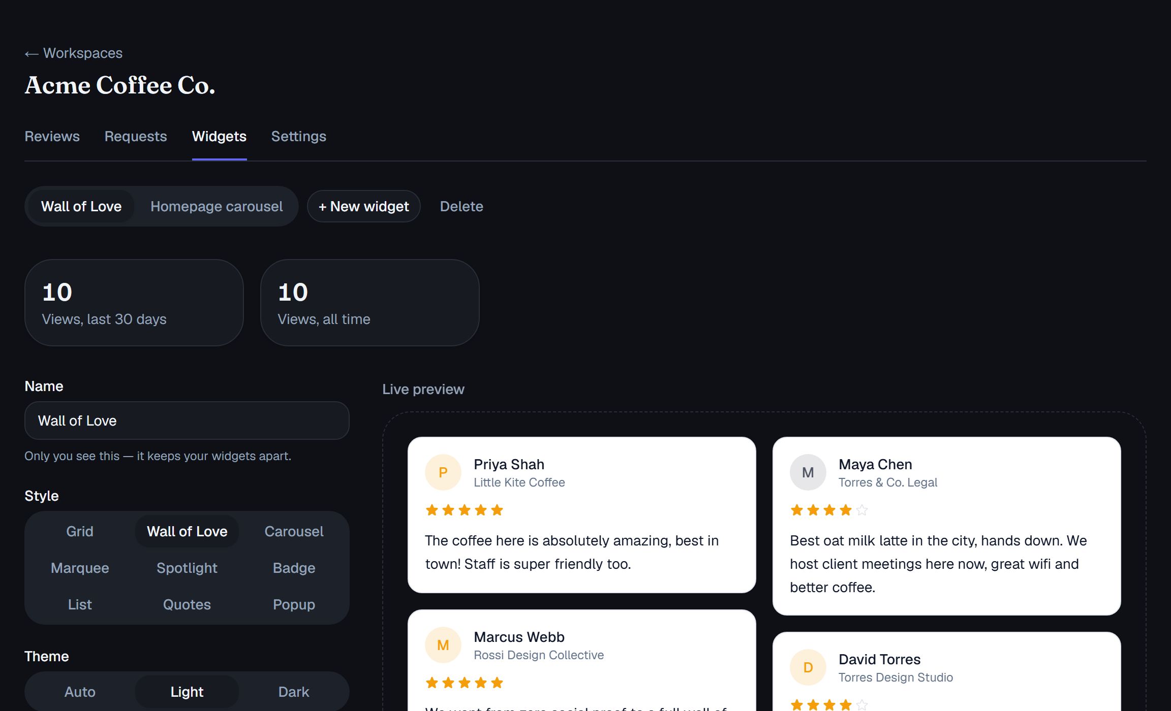 Testihub widget editor: two saved widgets, style and appearance controls, and a live Wall of Love preview